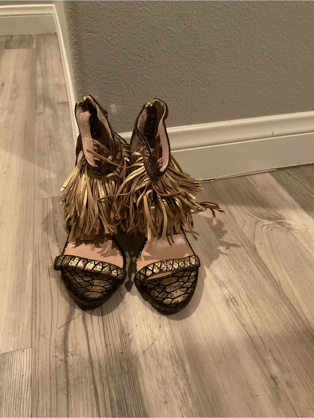 bebe Black and Gold Fringe Strap Heels